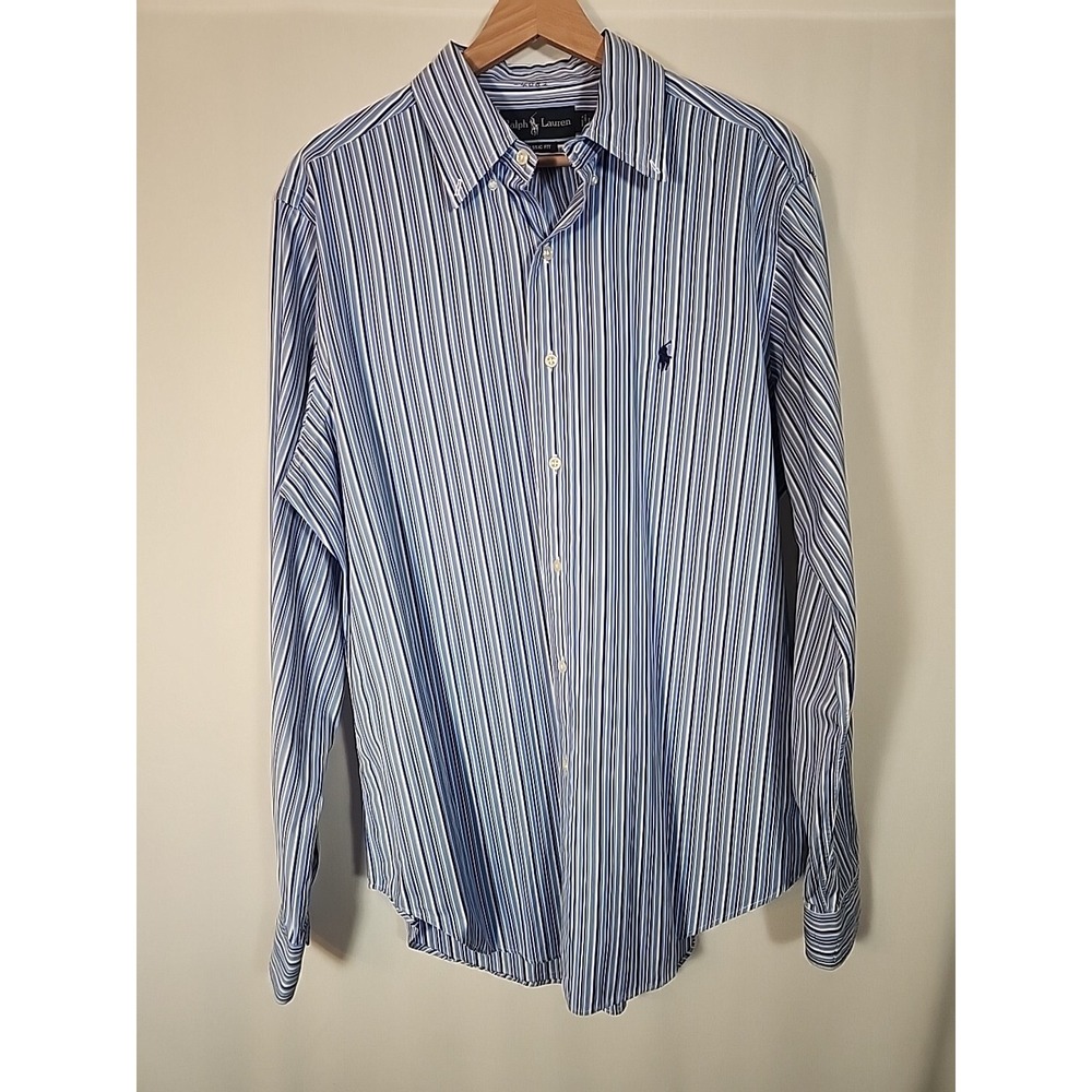 Ralph Lauren Classic Fit Button Down Long Sleeve Blue Stripe Shirt Mens Large